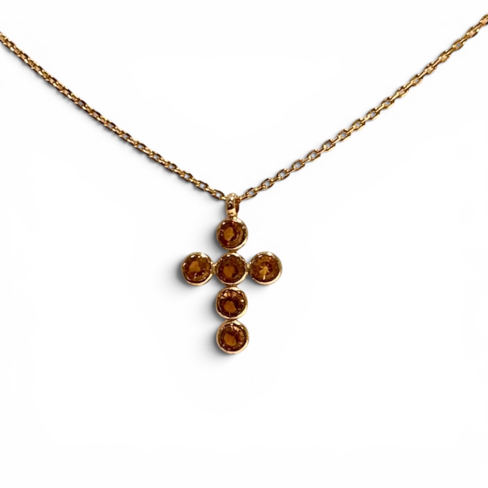 Collier Argent Doré 925/1000 Croix avec Oxydes Couleur Citrine