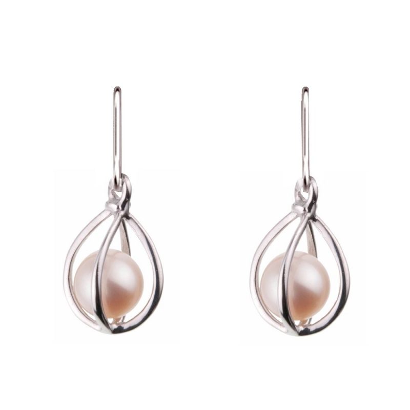 Boucles d'oreilles Pendantes Argent Rhodié 925/1000 Cages avec Perles de Culture Blanche 6mm
