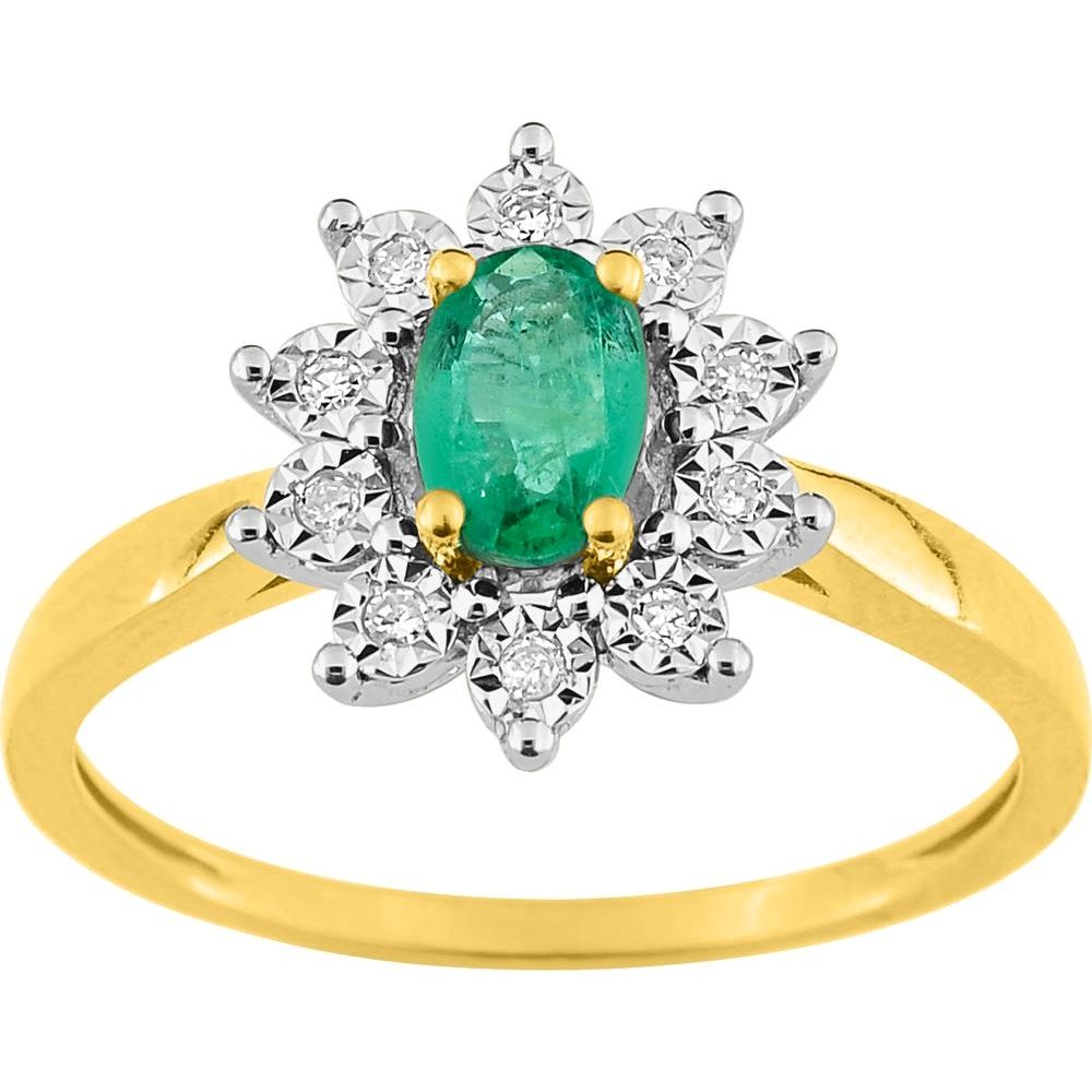 Bague Or Bicolore 750/1000 Émeraude Ovale 0.45ct Entourage Diamants Pastillés 0.06ct
