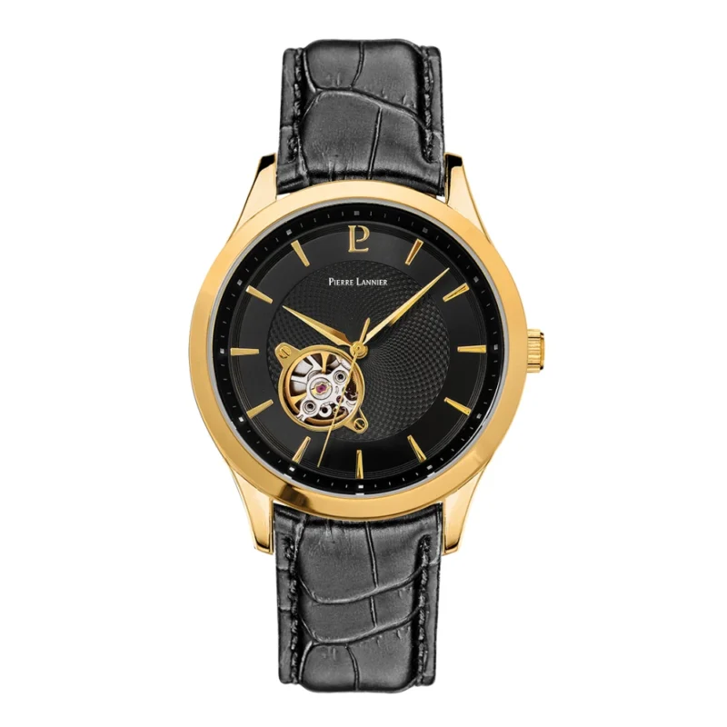 Montre Homme Pierre Lannier Automatique Fleuret Cadran Noir Bracelet Cuir Noir 336B033