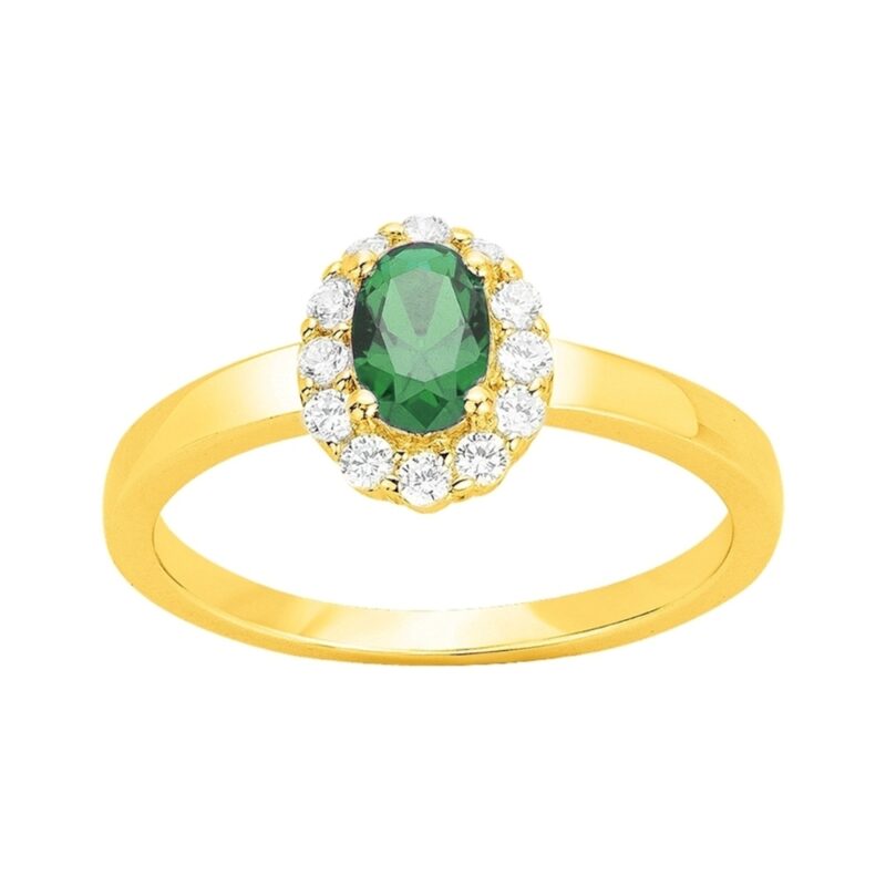 Bague Plaqué Or Jaune Spinelle Synthétique Verte et Entourage Oxydes Blancs