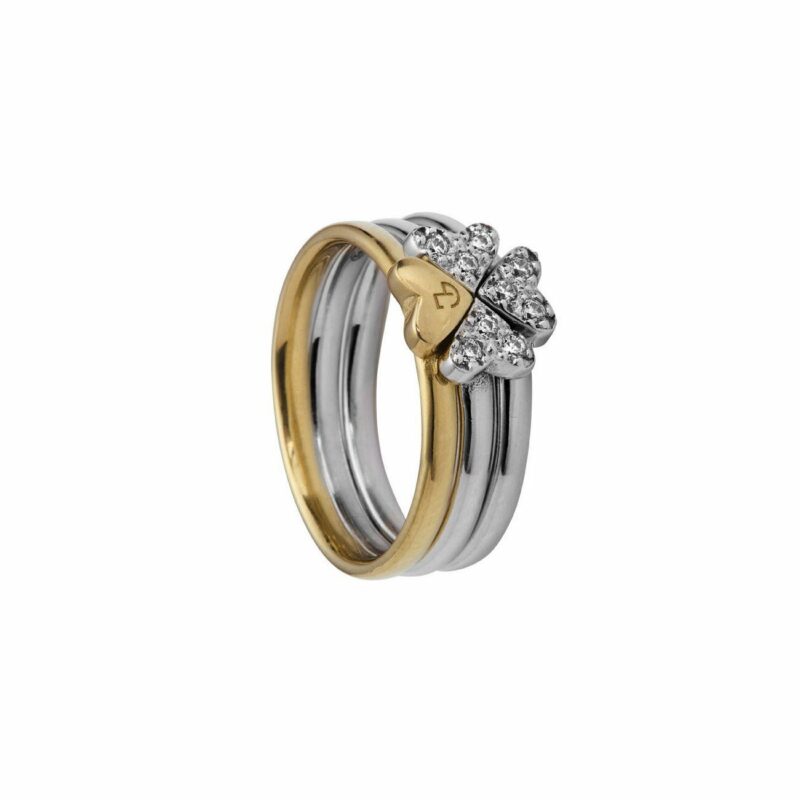 Bague Argent Rhodié 925/1000 Bicolore Trèfle Coeur Oxydes Blancs