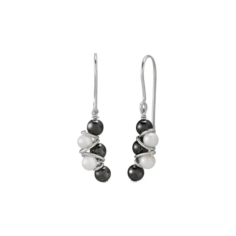 Boucles d'oreilles Pendantes Argent Rhodié 925/1000 avec Perles de Culture Blanche et Hématites