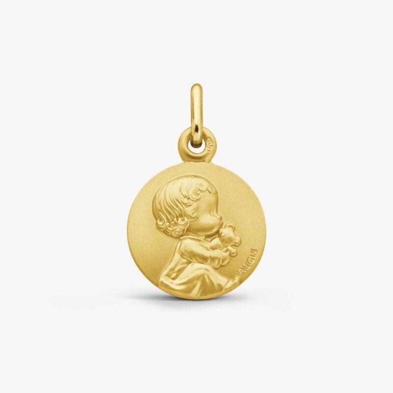 Médaille Augis Or Jaune 750/1000 Bébé au Doudou Ronde 14mm