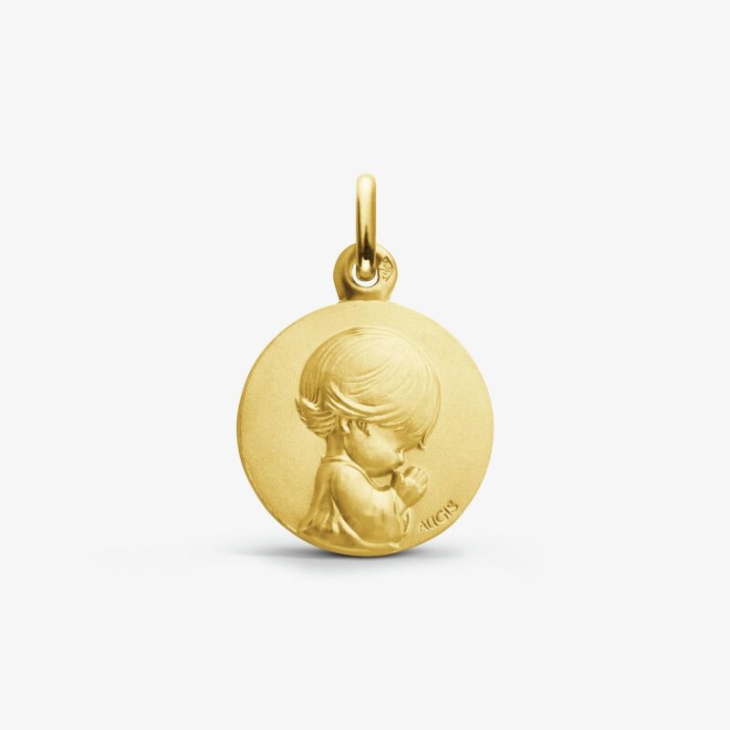 Médaille Augis Or Jaune 750/1000 Petit Ange en Prière Ronde 14mm