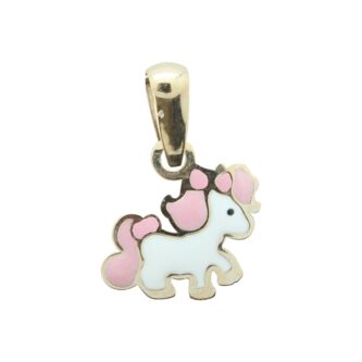 Pendentif Or Jaune 750/1000 Licorne Laque Rose et Blanche
