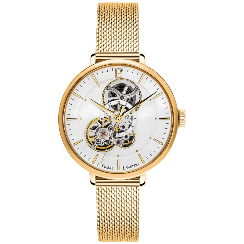 Montre Femme Pierre Lannier Automatique Mélodie Cadran Blanc Bracelet Acier Milanais Doré 349A502