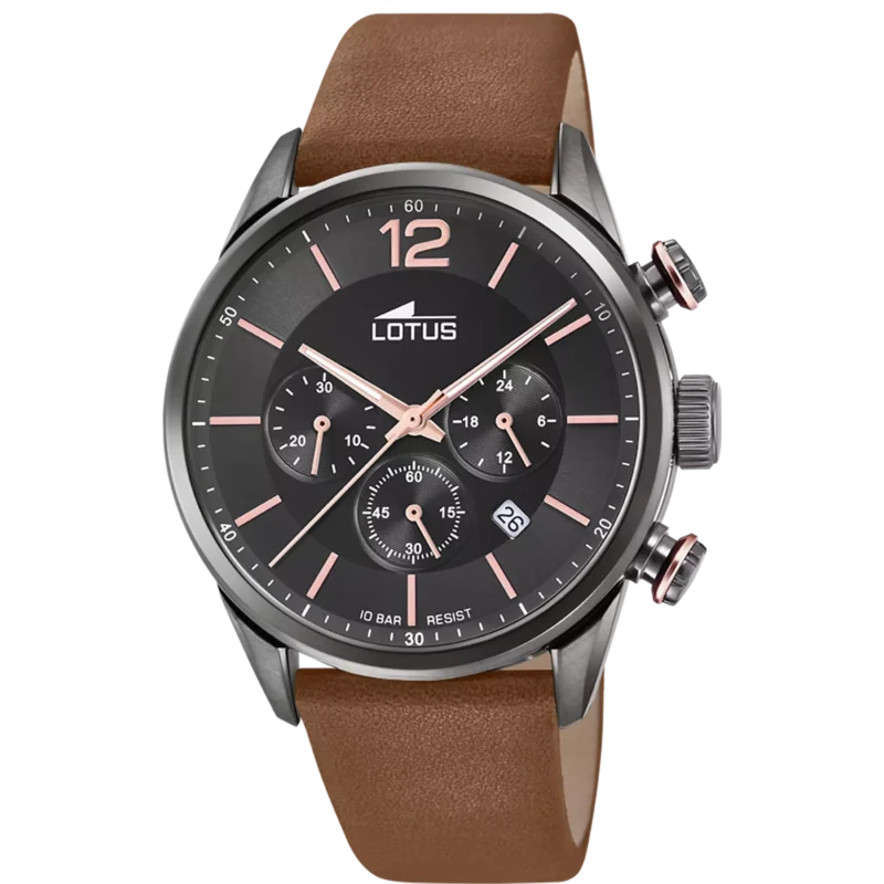 Montre Lotus Homme Chronographe Acier Gris Fond Noir Cuir Marron 18687/2