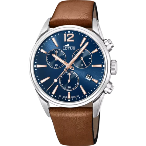Montre Lotus Homme Chronographe Acier Fond Bleu Cuir Marron 18691/2
