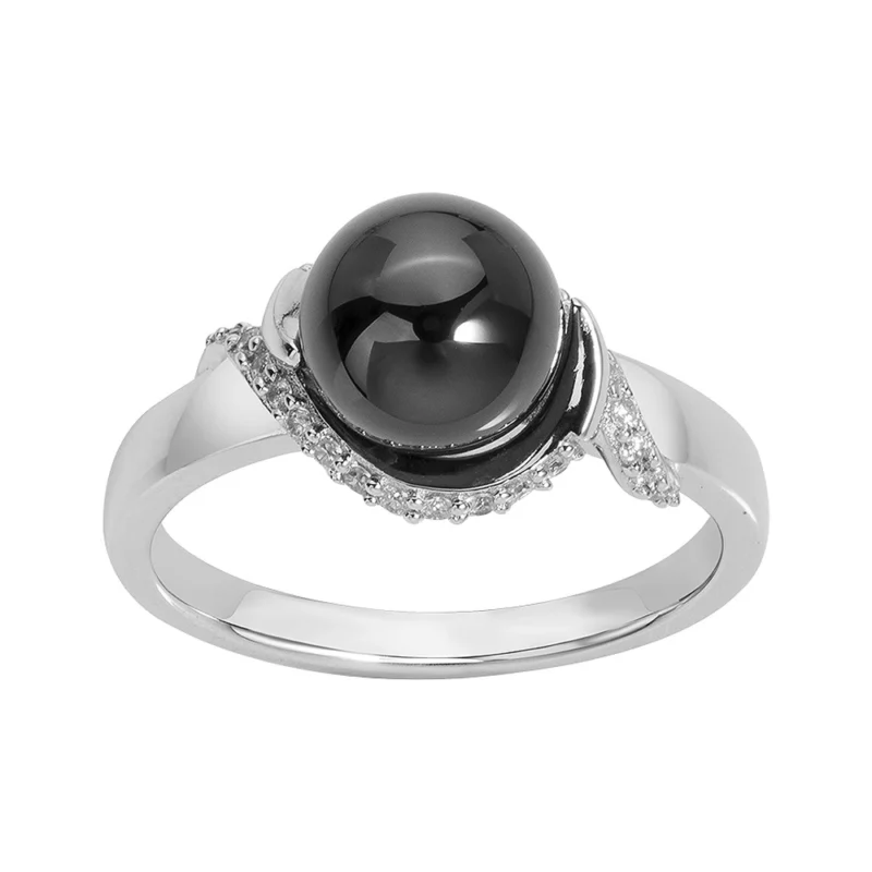 Bague Argent Rhodié 925/1000 Boule Céramique Noire et Pavage Oxydes
