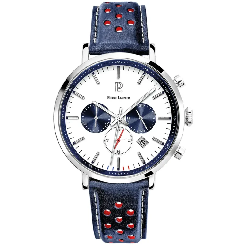 Montre Homme Pierre Lannier Baron Acier Cadran Blanc Bracelet Cuir Bleu 219G106