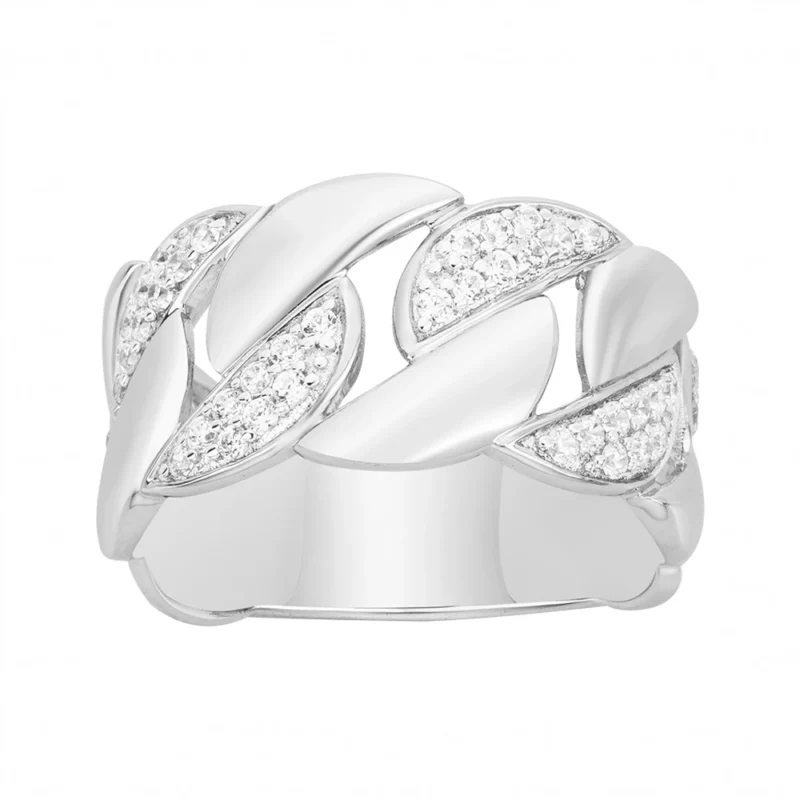 Bague Argent Rhodié 925/1000 Maillons Gourmette et Pavages Oxydes