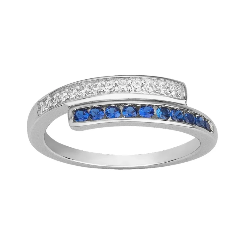 Bague Argent Rhodié 925/1000 Un Rang Spinelle Bleue Synthétique et Un Rang Oxydes