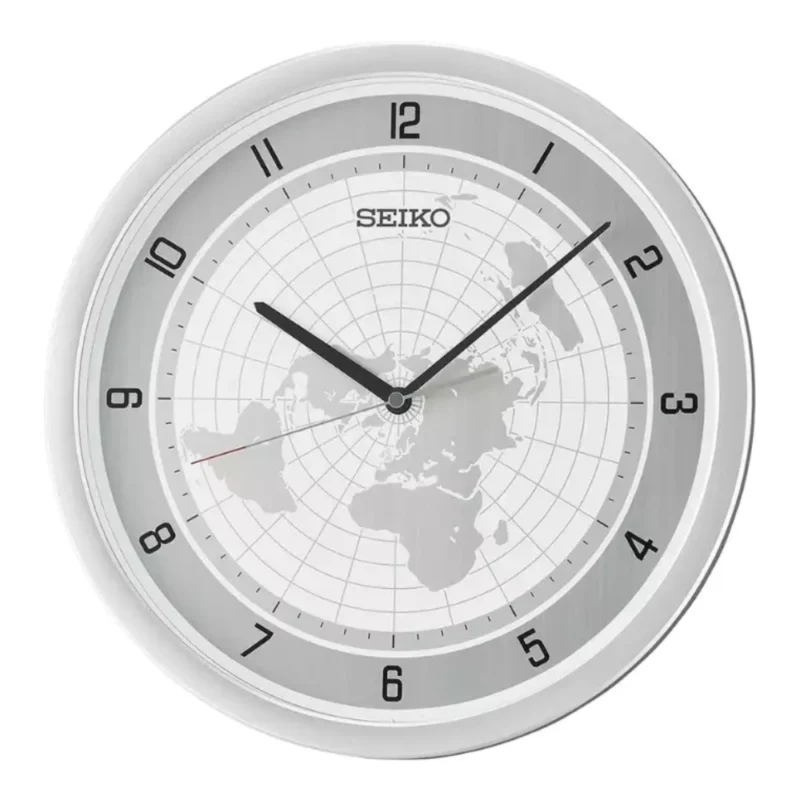 Horloge Murale Seiko Ronde Contour Argent Cadran Mappemonde QXA814A