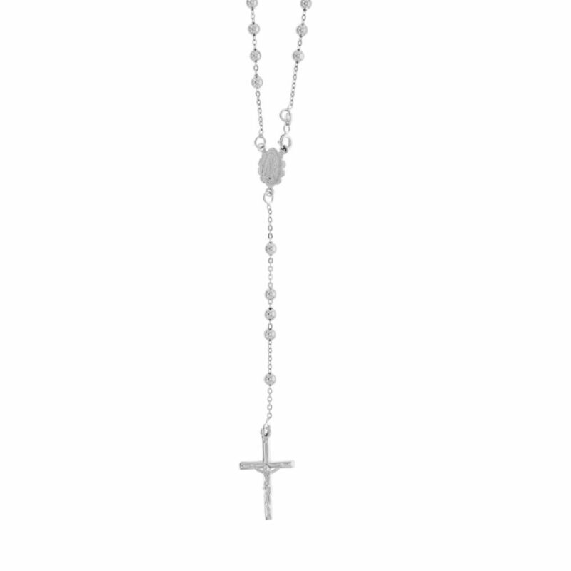 Collier Chapelet Argent 925/1000 Rhodié avec Perles Médaille Vierge et Croix Longueur 60cm