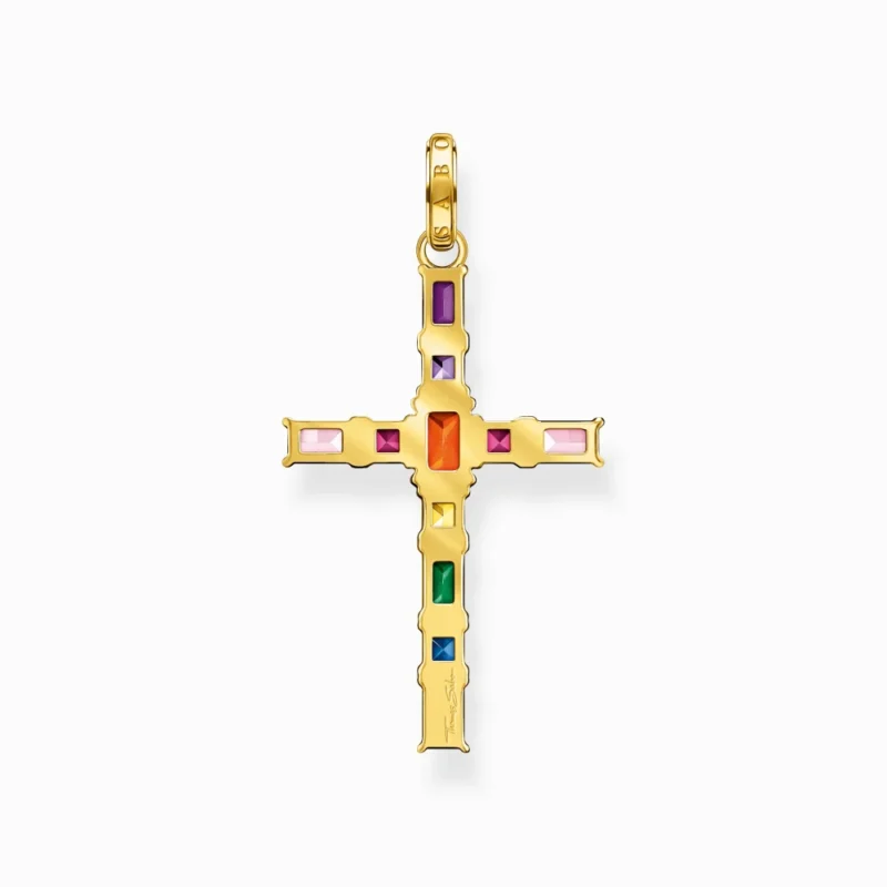 Pendentif Thomas Sabo Argent 925/1000 Plaqué Or Jaune Croix avec Pierres Multicolore – Image 4