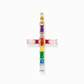 Pendentif Thomas Sabo Argent 925/1000 Plaqué Or Jaune Croix avec Pierres Multicolore