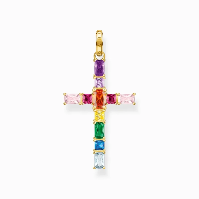 Pendentif Thomas Sabo Argent 925/1000 Plaqué Or Jaune Croix avec Pierres Multicolore