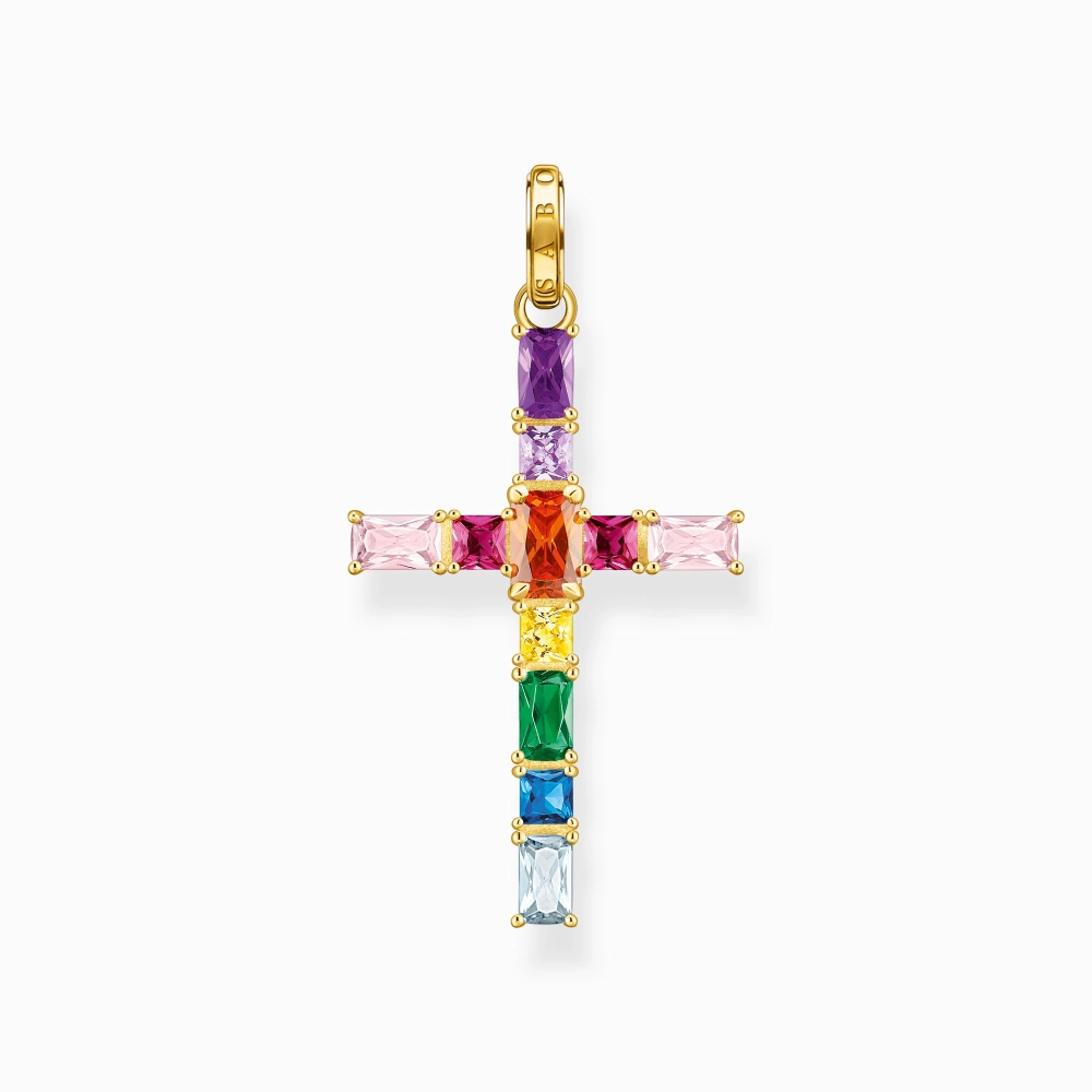 Pendentif Thomas Sabo Argent 925/1000 Plaqué Or Jaune Croix avec Pierres Multicolore