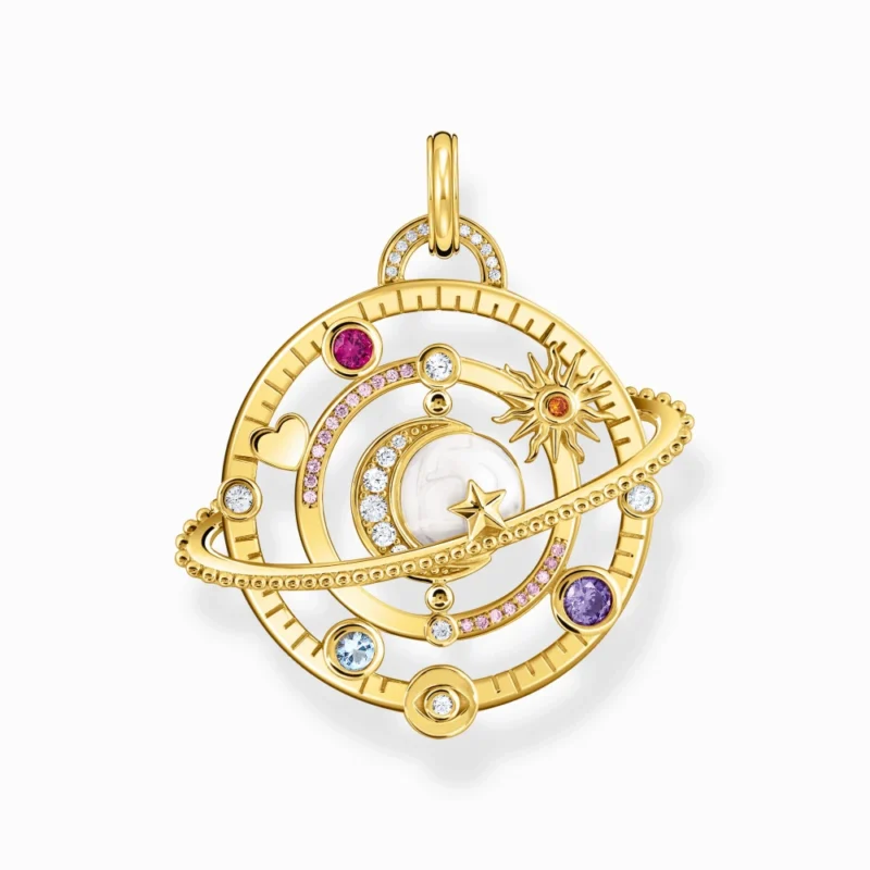 Pendentif Thomas Sabo Argent 925/1000 Plaqué Or Jaune Anneau Planétaire et Pierres Multicolores