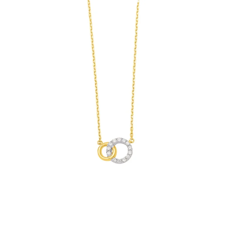 Collier Pendentif Rond Plaqué Or Bicolore Double Cercle avec Pavage Oxyde Blanc