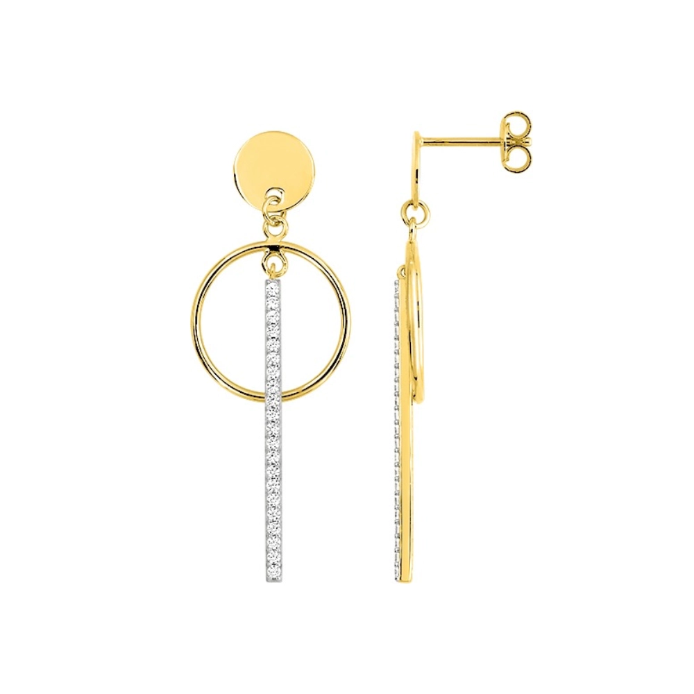 Boucles d'oreilles Pendantes Bicolores Plaqué Or Rond 15mm et Barrette Oxydes Blancs Hauteur 45mm