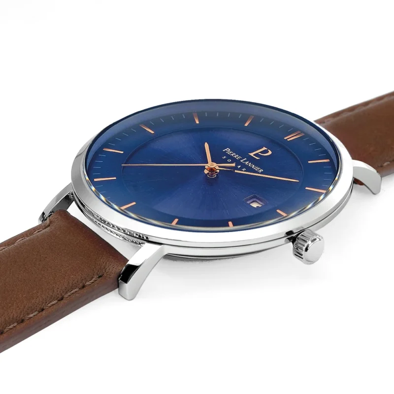 Montre Homme Pierre Lannier Solaire Inti Cadran Bleu Bracelet Cuir Brun 208H164 – Image 2