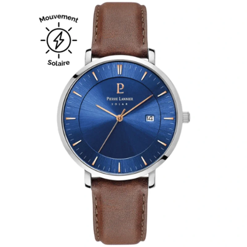 Montre Homme Pierre Lannier Solaire Inti Cadran Bleu Bracelet Cuir Brun 208H164