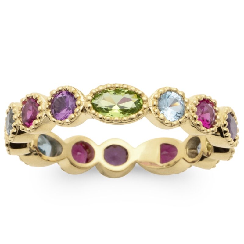 Bague Plaqué Or Jaune Tour Complet Oxydes Multi-couleurs Bords Perlés – Image 2