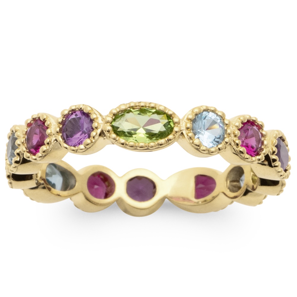 Bague Plaqué Or Jaune Tour Complet Oxydes Multi-couleurs Bords Perlés – Image 2