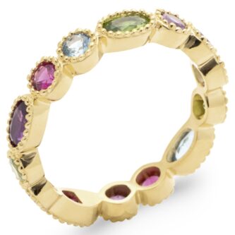 Bague Plaqué Or Jaune Tour Complet Oxydes Multi-couleurs Bords Perlés - 54