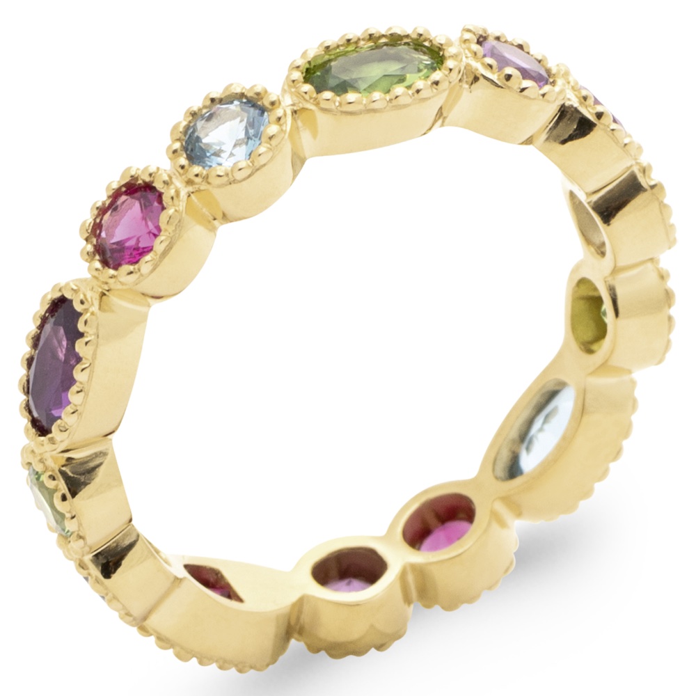 Bague Plaqué Or Jaune Tour Complet Oxydes Multi-couleurs Bords Perlés