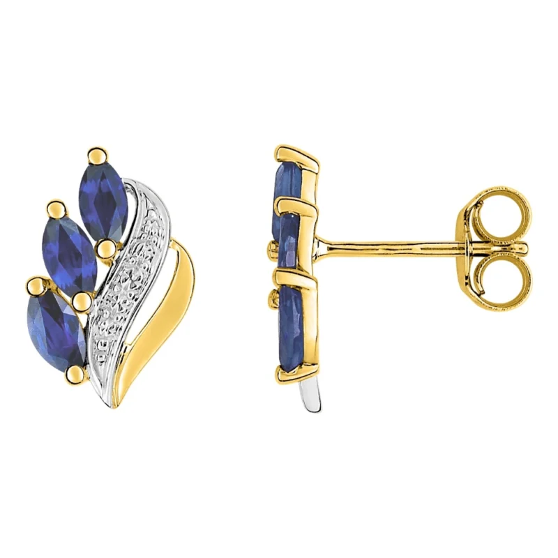 Boucles d'oreilles Or 750/1000 Bicolore et 3 Saphirs Navettes