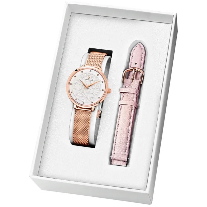 Coffret Montre Femme Pierre Lannier Éolia Cadran Blanc Bracelet Acier Milanais et Cuir Rose 360G908