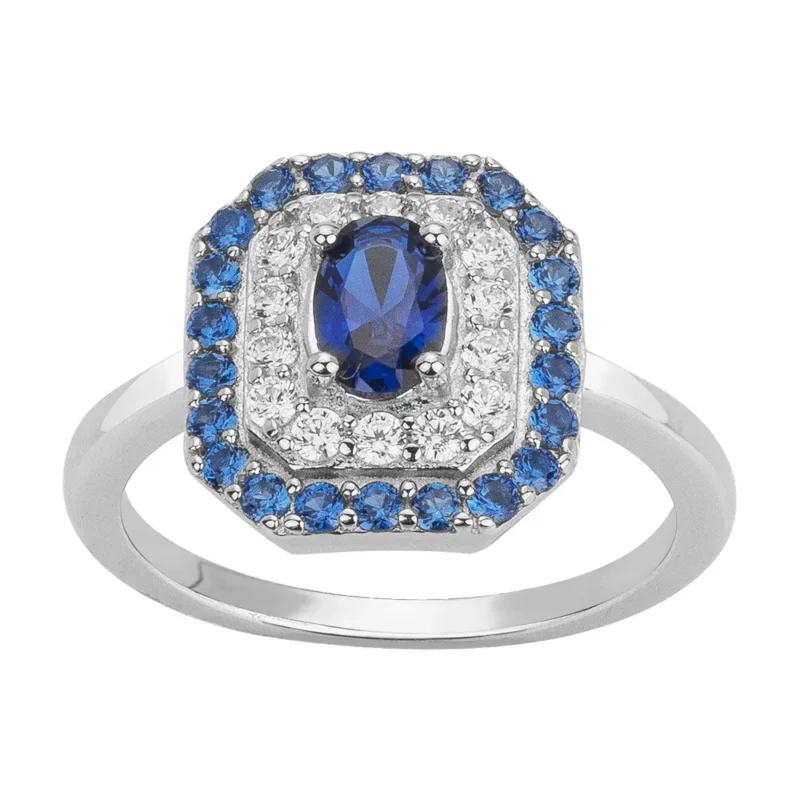 Bague Argent Rhodié 925/1000 Octogonale Spinelle Bleue Synthétique et Entourage Oxydes + Spinelles