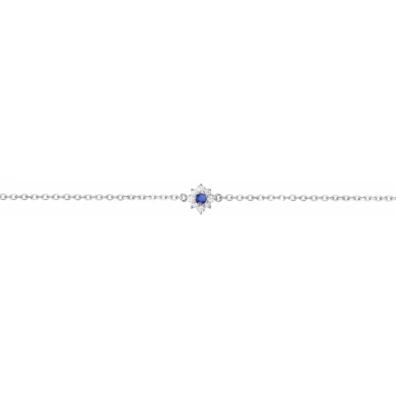 Bracelet Argent Rhodié 925/1000 avec Spinelle Bleue Synthétique et Entourage Oxydes Blancs