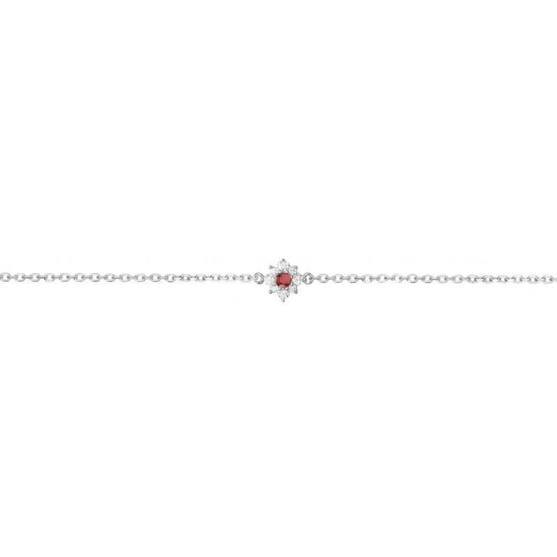 Bracelet Argent Rhodié 925/1000 avec Spinelle Rouge Synthétique et Entourage Oxydes Blancs