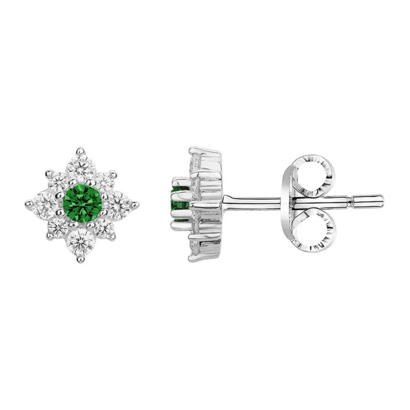 Boucles d'oreilles Argent Rhodié 925/1000 Spinelle Verte Synthétique et Entourage Oxydes