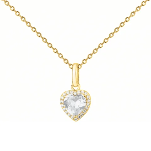 Collier Pendentif Plaqué Or Jaune Coeur Oxyde Blanc avec Entourage Oxydes Blancs