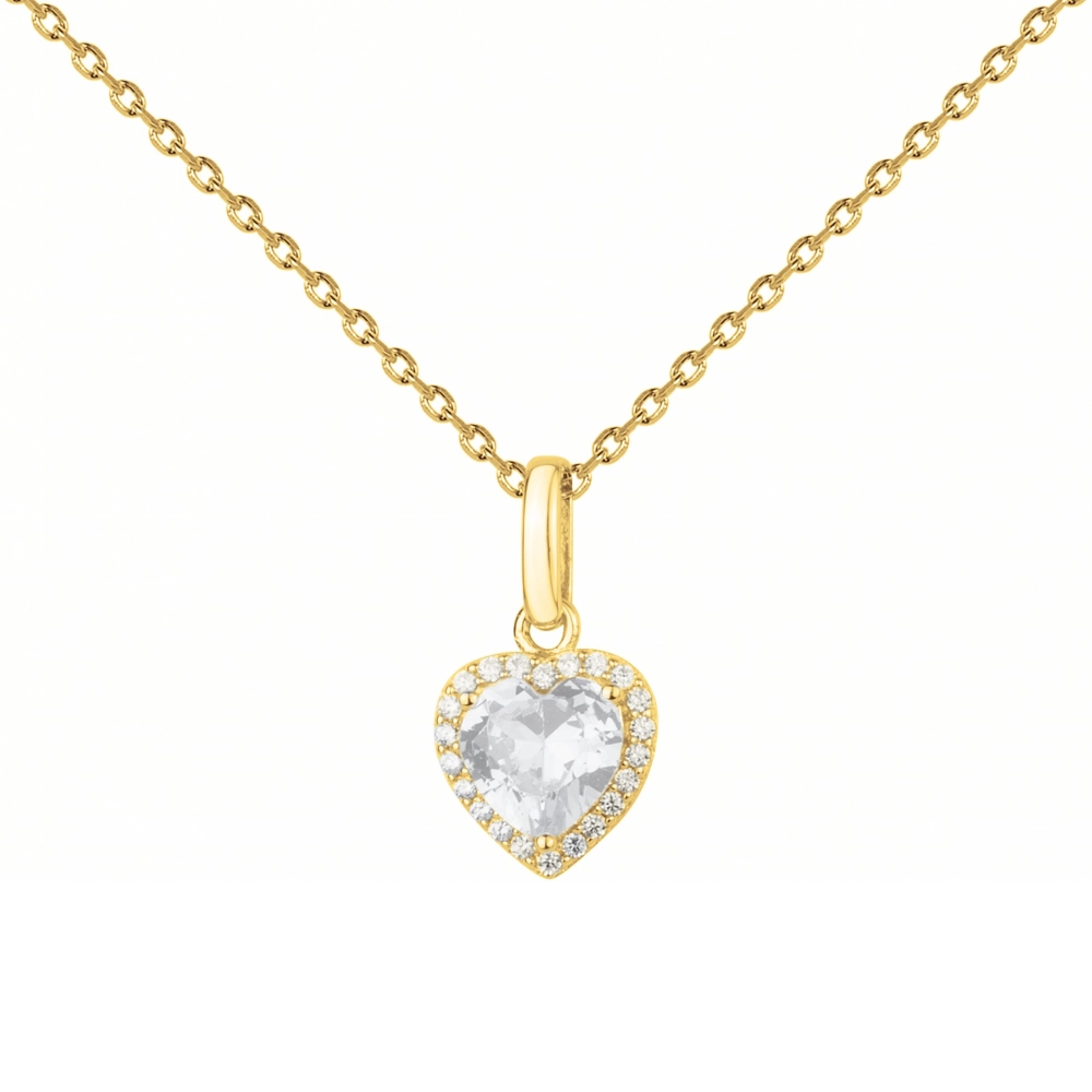 Collier Pendentif Plaqué Or Jaune Coeur Oxyde Blanc avec Entourage Oxydes Blancs