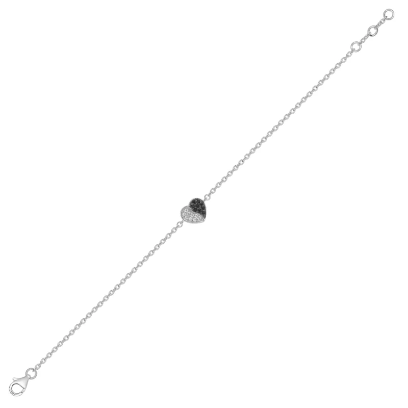 Bracelet Argent Rhodié 925/1000 Coeur Pavage Oxydes Blancs et Noirs – Image 2