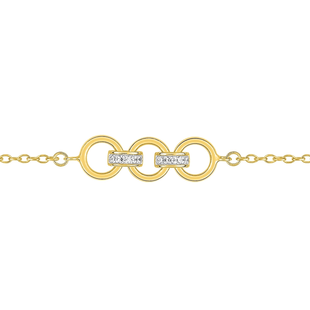 Bracelet Plaqué Or Jaune 3 Cercles et 2 Barrettes Rhodium Oxydes Blancs