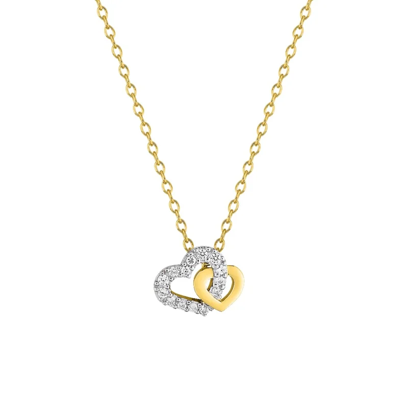 Collier Pendentif Rond Plaqué Or Bicolore Double Coeur avec Pavage Oxyde Blanc