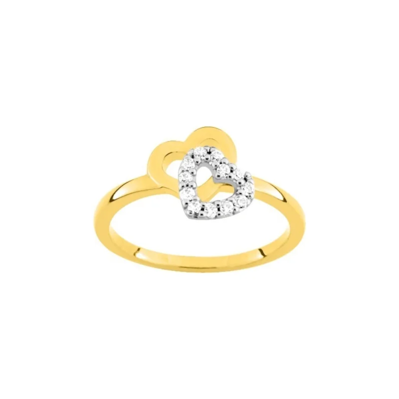 Bague Plaqué Or Jaune Double Coeur Bicolore Pavage Oxydes Blancs