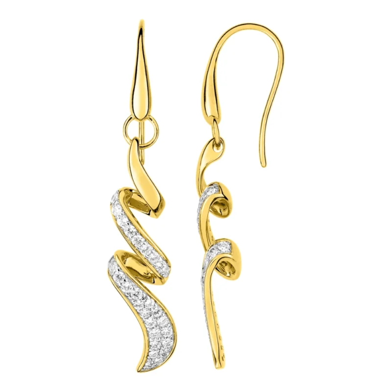 Boucles d'oreilles Pendantes Bicolores Plaqué Torsade Oxydes Blancs Hauteur 50mm