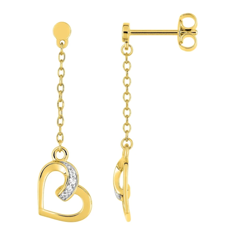Boucles d'oreilles Pendantes Bicolores Plaqué Or Motif Coeur et Oxydes Blancs Hauteur 30mm