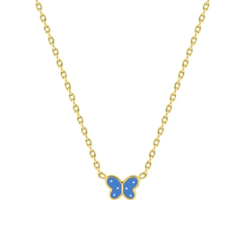 Collier Enfant Papillon Plaqué Or Jaune et Laque Bleue