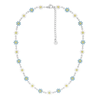 Collier Fashion Steel Acier Fleurs Résine Bleue et Blanche
