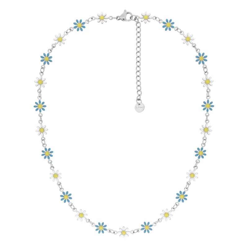 Collier Fashion Steel Acier Fleurs Résine Bleue et Blanche