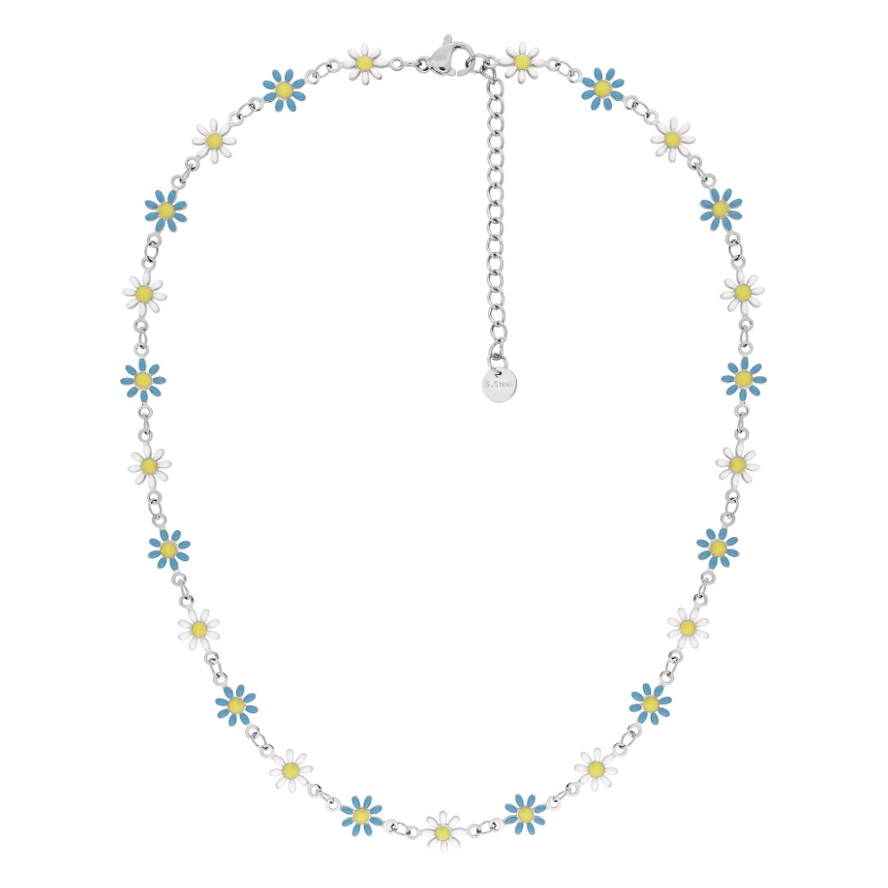 Collier Fashion Steel Acier Fleurs Résine Bleue et Blanche